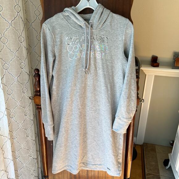 CALVIN KLEIN gray hooded tunic sweatshirt dress SIZE small - Picture 1 of 11